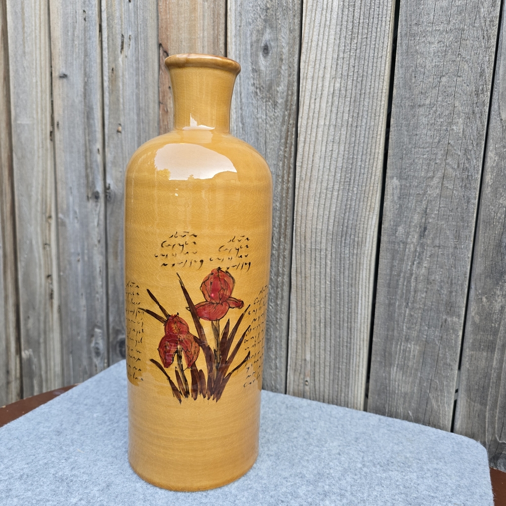 Tan Glossy Crackled Finish Ceramic Vase Bottle with Hand Painted Flowers. 